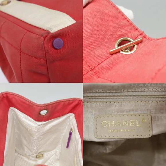 CHANEL Choco Bar Tote Bag Canvas Red Gold CC Auth bs18523 - Picture 12 of 14